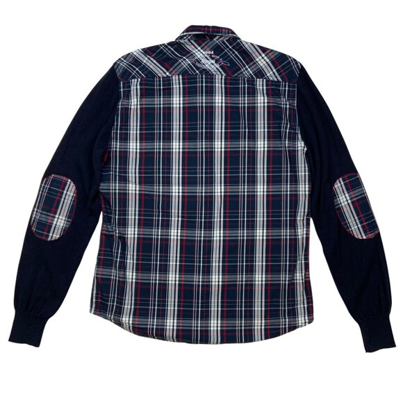 Desigual Button Front Shirt L Blue Plaid Knit Long Sleeve Elbow Patch Graphics - Picture 10 of 11